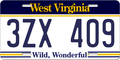 WV license plate 3ZX409