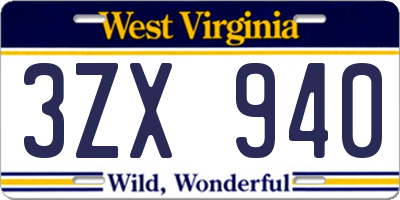 WV license plate 3ZX940