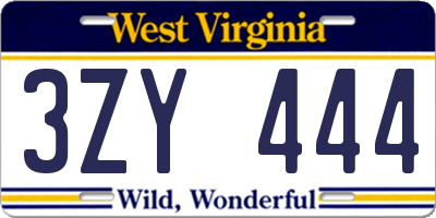 WV license plate 3ZY444