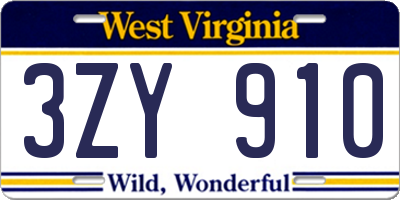 WV license plate 3ZY910