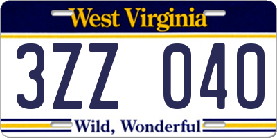 WV license plate 3ZZ040
