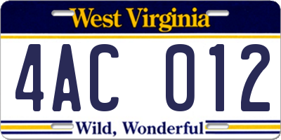 WV license plate 4AC012