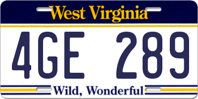 WV license plate 4GE289