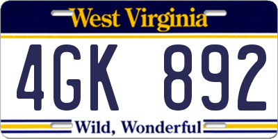 WV license plate 4GK892