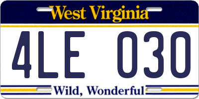 WV license plate 4LE030