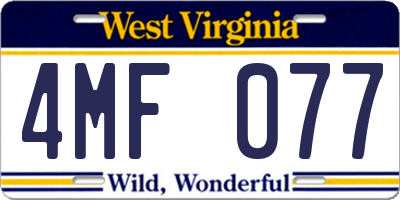 WV license plate 4MF077