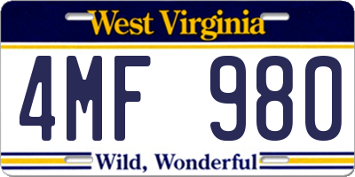 WV license plate 4MF980