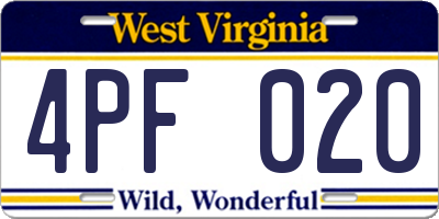 WV license plate 4PF020