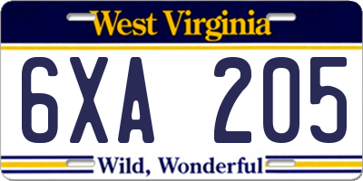 WV license plate 6XA205