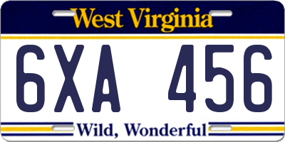 WV license plate 6XA456