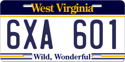 WV license plate 6XA601