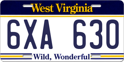 WV license plate 6XA630