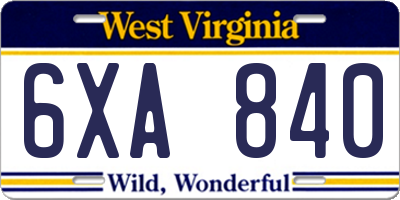 WV license plate 6XA840