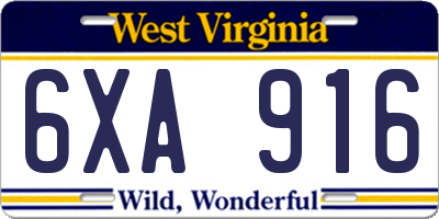 WV license plate 6XA916