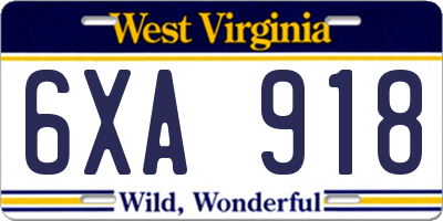 WV license plate 6XA918