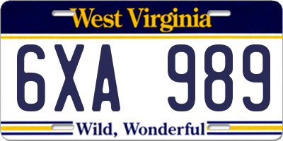WV license plate 6XA989