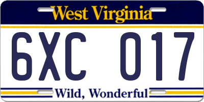 WV license plate 6XC017