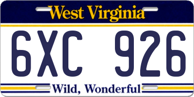 WV license plate 6XC926