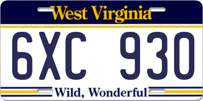 WV license plate 6XC930