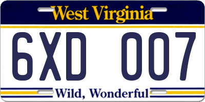 WV license plate 6XD007