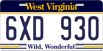 WV license plate 6XD930