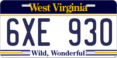 WV license plate 6XE930