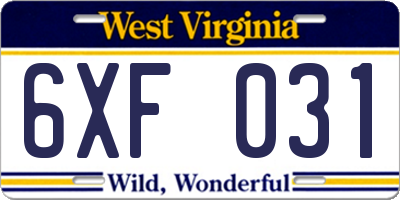 WV license plate 6XF031