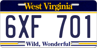 WV license plate 6XF701