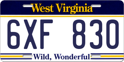 WV license plate 6XF830