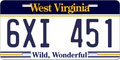 WV license plate 6XI451