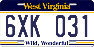 WV license plate 6XK031