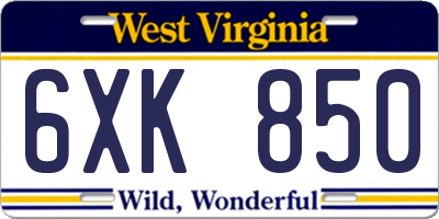 WV license plate 6XK850