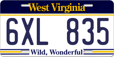 WV license plate 6XL835