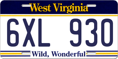 WV license plate 6XL930