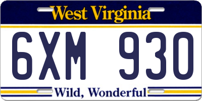 WV license plate 6XM930
