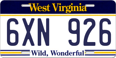 WV license plate 6XN926