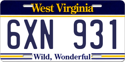 WV license plate 6XN931