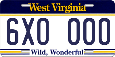 WV license plate 6XO000