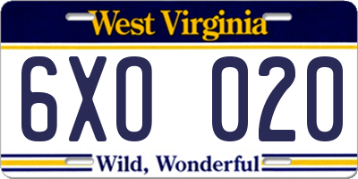 WV license plate 6XO020