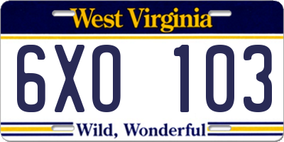 WV license plate 6XO103