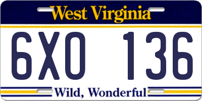 WV license plate 6XO136