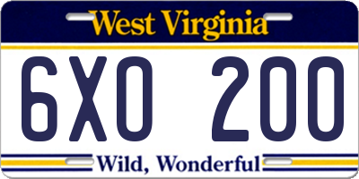 WV license plate 6XO200