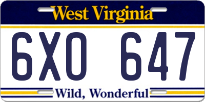 WV license plate 6XO647