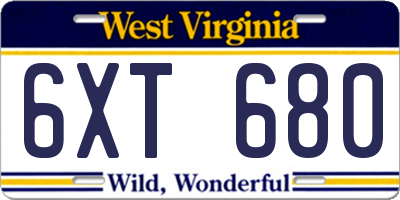 WV license plate 6XT680