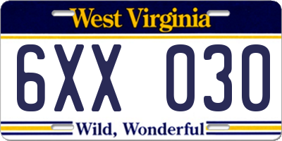 WV license plate 6XX030