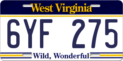 WV license plate 6YF275