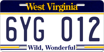 WV license plate 6YG012
