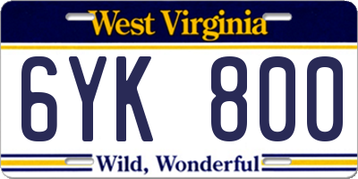 WV license plate 6YK800