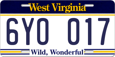 WV license plate 6YO017