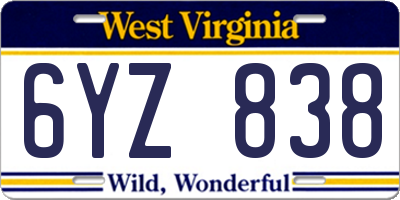 WV license plate 6YZ838